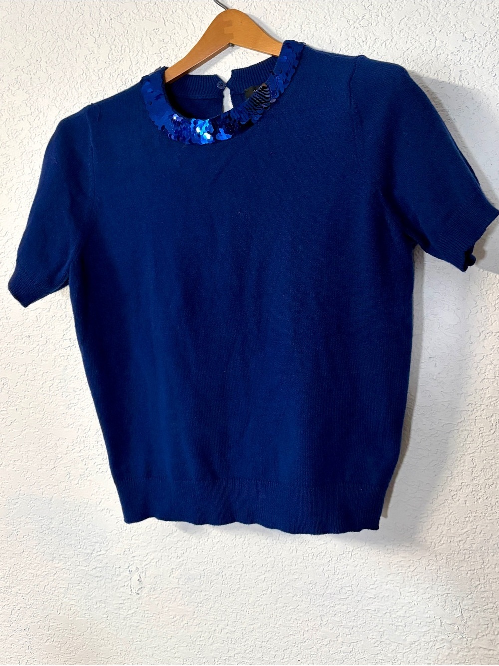 Ann Taylor Elegant Navy Short-Sleeve Knit with Sequin Trim Neckline size L